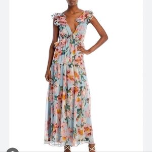Bloomingdale's Aqua Floral Printed Ruffle Maxi Dress
